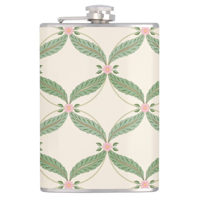Simple Leaves Flowers Grid Pattern Hip Flask (Front)