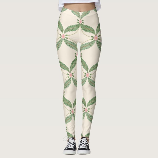 Simple Leaves Flowers Grid Pattern Leggings (Front)