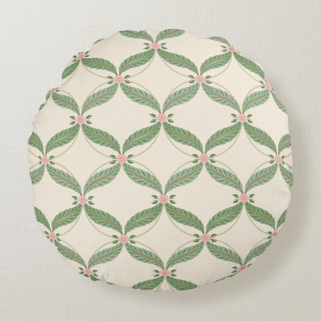 Simple Leaves Flowers Grid Pattern Round Cushion (Front)