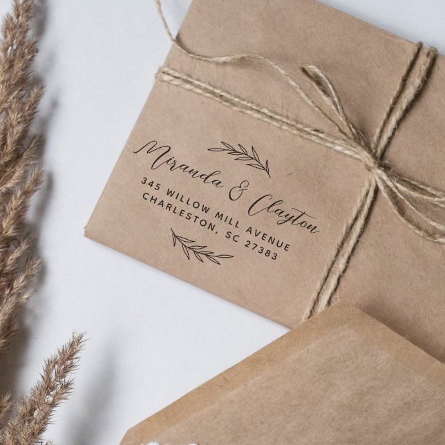 Simple Leaves Modern Script Wedding Couple Address Rubber Stamp (Rubber Stamp Mock-up)