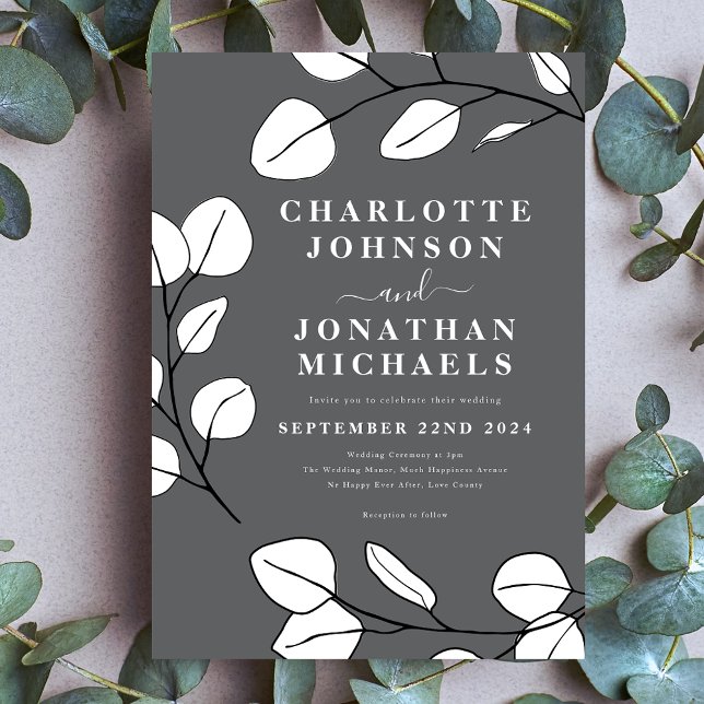 Simple Leaves Modern Stylish Grey  Invitation (Simple leaves stylish modern gray black and white wedding invitation)