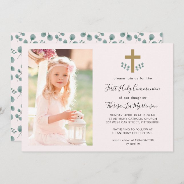 Simple Leaves with Cross Holy Communion Photo Invitation (Front/Back)
