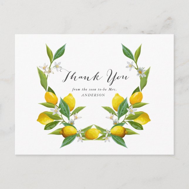 Simple Lemon Bridal Shower Thank You Postcard (Front)