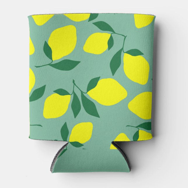 Simple Lemon, Green Background Print. Can Cooler (Front)