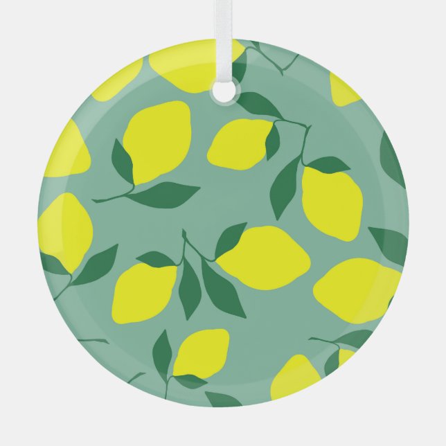 Simple Lemon, Green Background Print. Glass Tree Decoration (Front)