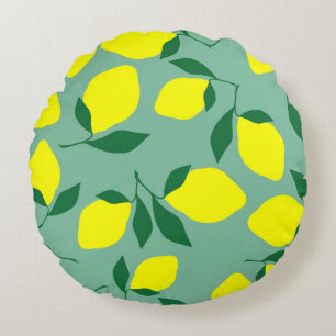 Simple Lemon, Green Background Print. Round Cushion