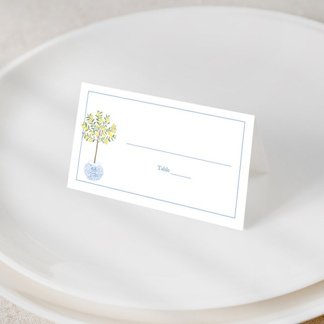 Simple Lemon Tree Blue White Stripes Baby Shower Place Card (Chinoiserie wedding place cards or buffet cards featuring a lemon tree in blue ginger jar planter)