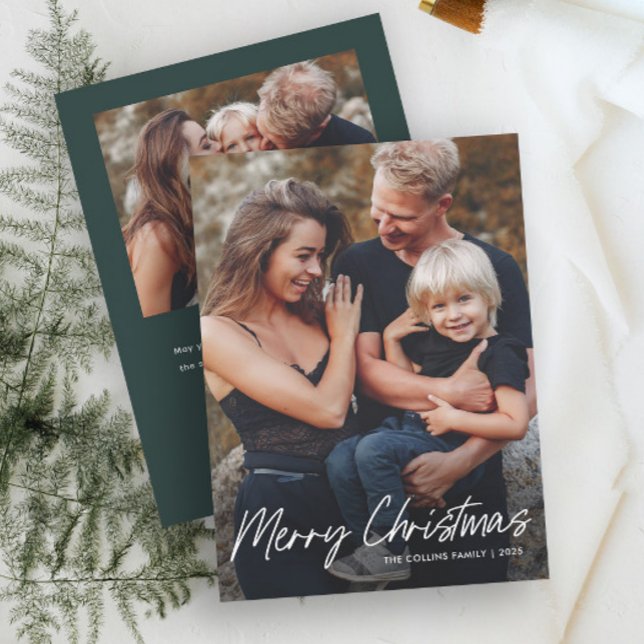 Simple Lettering Merry Christmas 2 Photo  Holiday Card (Modern Hand Lettered Merry Christmas 2 Photo Holiday Card.)