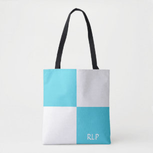 Simple Light Blue and White Squares Monogram Tote Bag