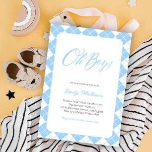 Simple Light Blue Gingham Plaid Boy Baby Shower Invitation