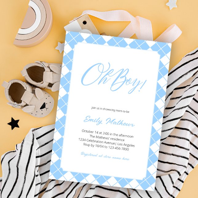 Simple Light Blue Gingham Plaid Boy Baby Shower Invitation (Creator Uploaded)