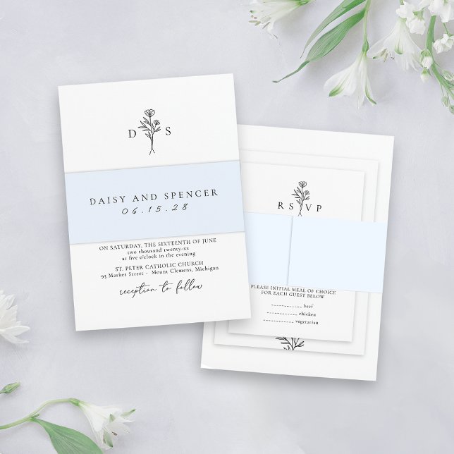 Simple Light Blue Minimalist Names Classic Wedding Invitation Belly Band (Creator Uploaded)