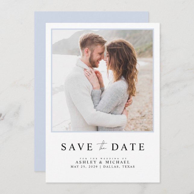 Simple Light Blue Modern Script Photo Wedding Save The Date (Front/Back)