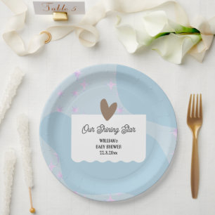 Simple Light Blue Shining Star Baby Shower Paper Plate