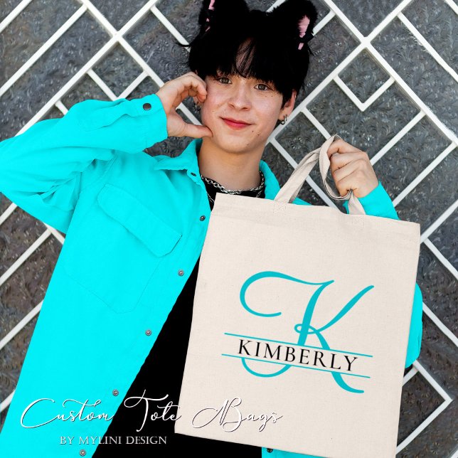 Simple Light Blue Split Monogram Gift Tote Bag (Creator Uploaded)