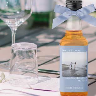 Simple Light Blue Wedding Photo Love & Thanks Mini Liquor Bottle Label