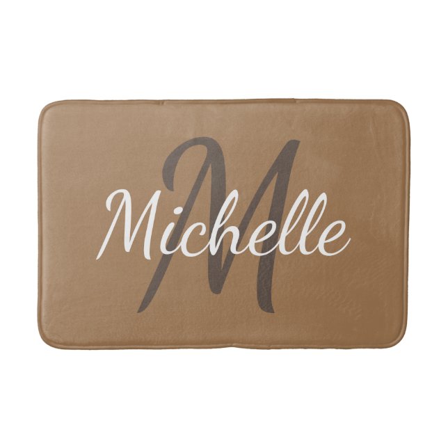 Simple light brown Bold Typography & Name Monogram Bath Mat (Front)