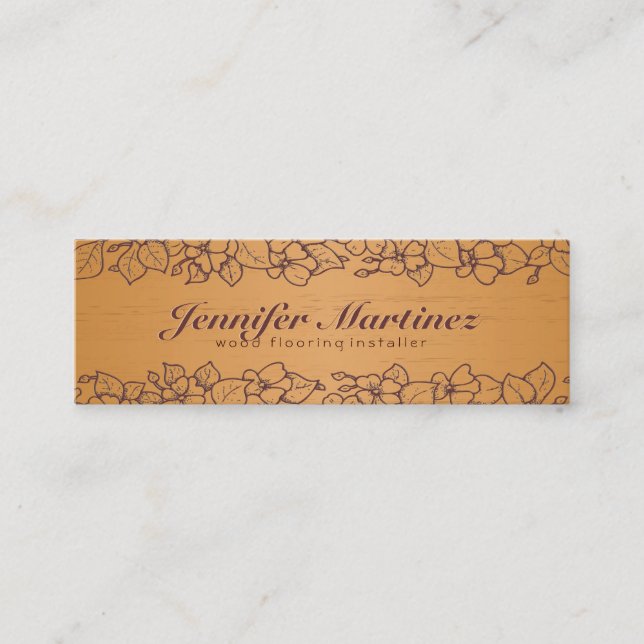Simple Light Brown Wood Texture Floral Border 3 Mini Business Card (Front)