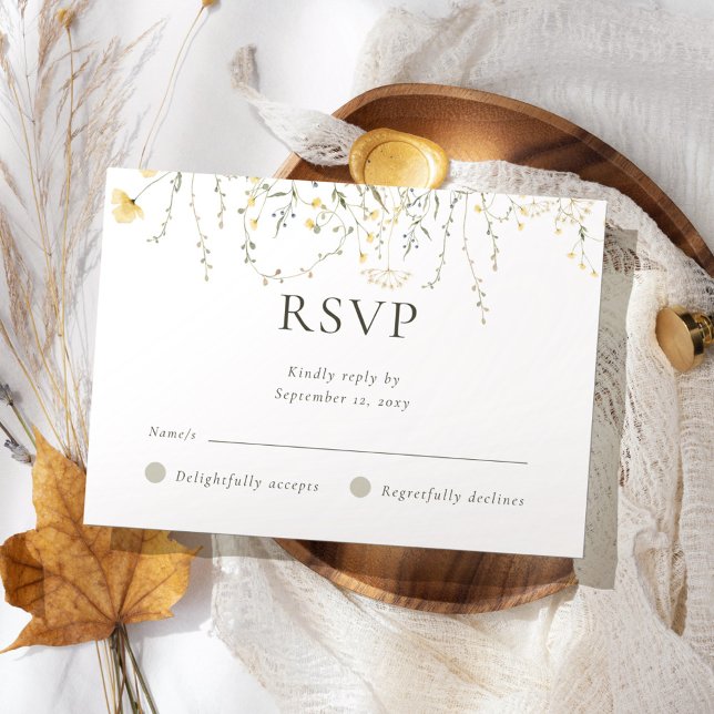 Simple Light Delicate Yellow Wildflowers Wedding RSVP Card (Creator Uploaded)