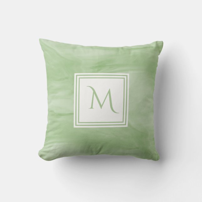 Simple Light Green Subtle Marble Modern Monogram Cushion (Front)