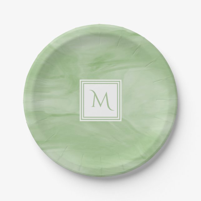 Simple Light Green Subtle Marble Modern Monogram Paper Plate (Front)