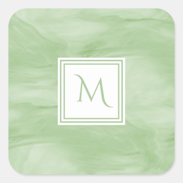 Simple Light Green Subtle Marble Modern Monogram Square Sticker (Front)