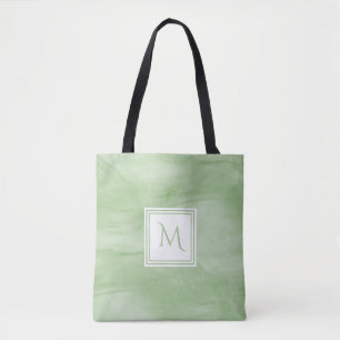 Simple Light Green Subtle Marble Modern Monogram Tote Bag