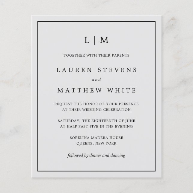 Simple Light Grey Monogram Budget Wedding Invite (Front)