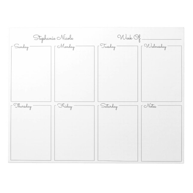 Simple Light Grey Thin Border Name Weekly Planner Notepad (Front)
