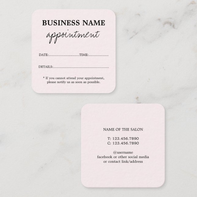 Simple Light Pink Beauty Salon Appointment Card (Front/Back)