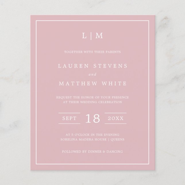 Simple Light Pink Monogram Budget Wedding Invite (Front)