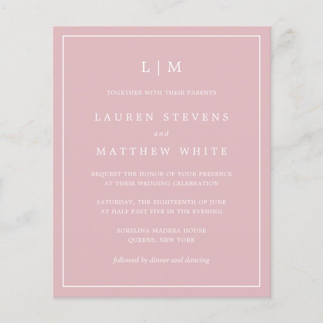 Simple Light Pink Monogram Budget Wedding Invite (Front)