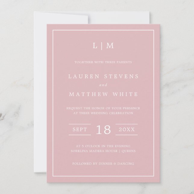Simple Light Pink Monogram Elegant Wedding Invitation (Front)