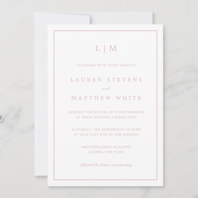 Simple Light Pink Monogram Elegant Wedding Invitation (Front)