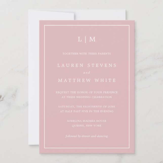 Simple Light Pink Monogram Elegant Wedding Invitation (Front)