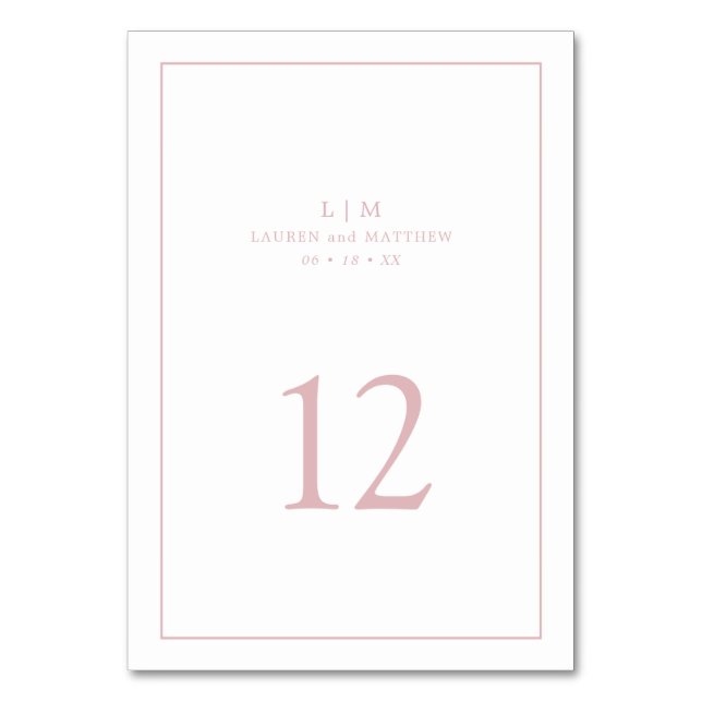 Simple Light Pink Monogram Elegant Wedding Table Number (Front)