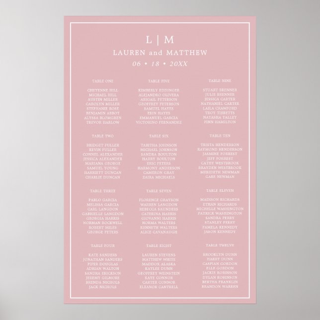 Simple Light Pink Monogram Wedding Seating Chart (Front)