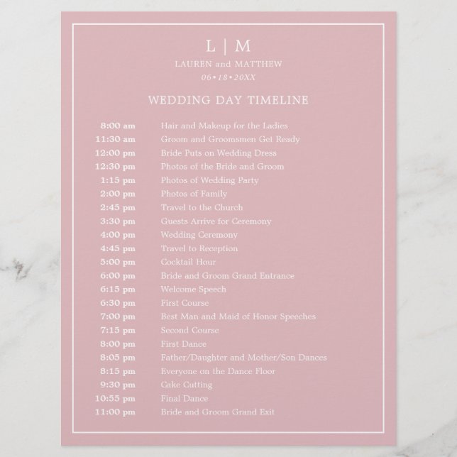 Simple Light Pink Monogram Wedding Timeline (Front)