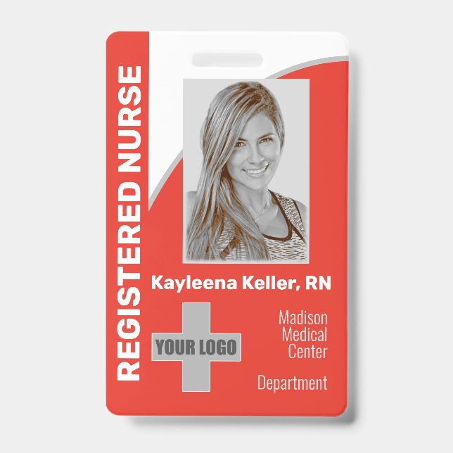 Simple Light Red Logo Barcode ID Registered Nurse Badge (Front)