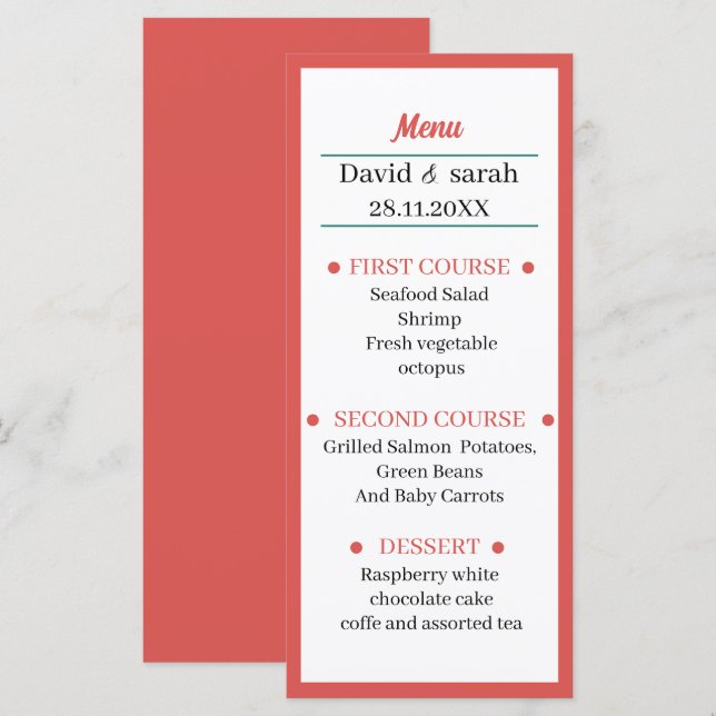 Simple Light Red Wedding Dinner Menu (Front/Back)