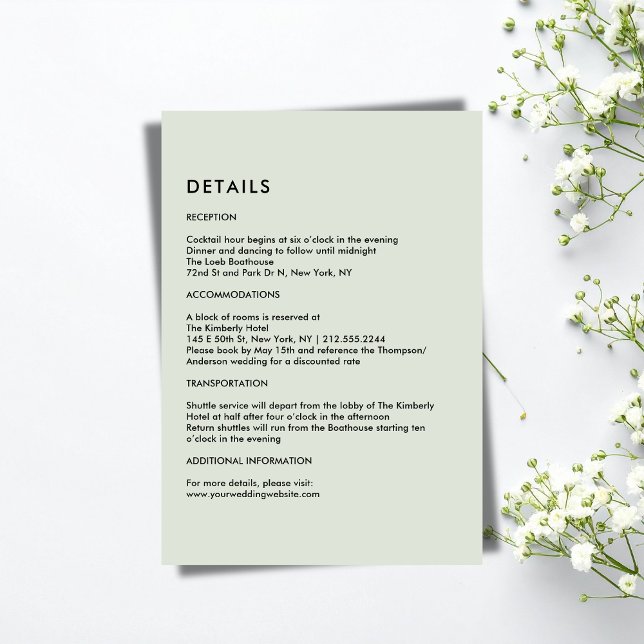 Simple Light Sage Green Wedding Details  Enclosure Card (Simple Light Sage Green Wedding Details Enclosure Card)