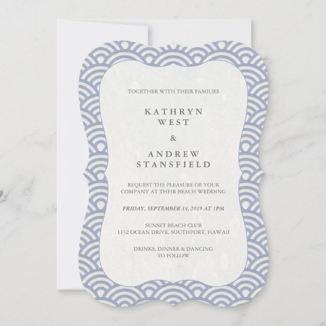 Simple Lilac Blue Japanese Seigaiha Waves Wedding Invitation (Front)