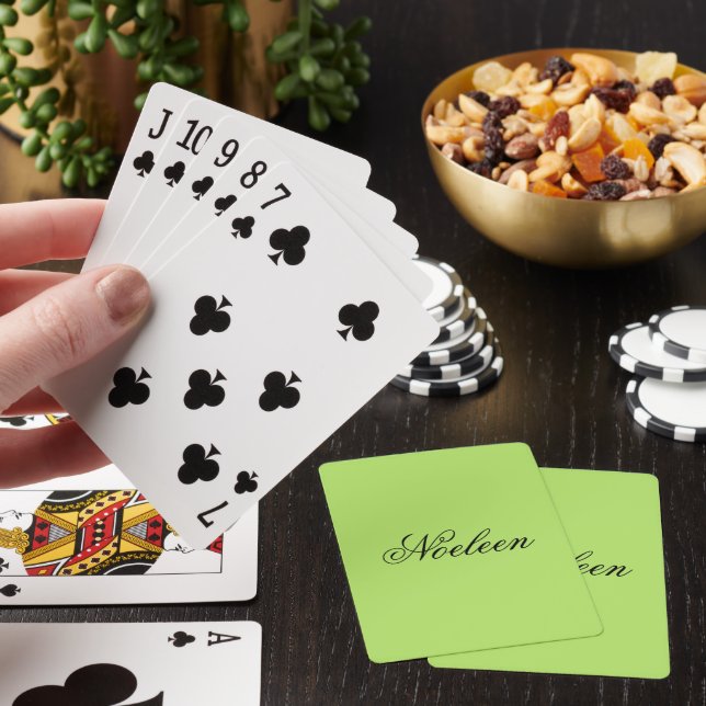 Simple lime colour custom name playing cards (In Situ)