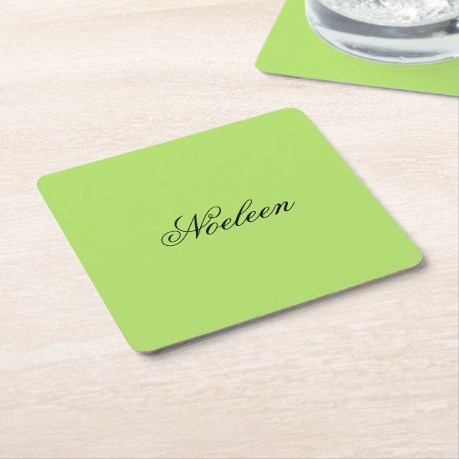 Simple lime colour custom name square paper coaster (Angled)