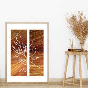 Simple Line Art Leaf Outline Rich Wood Background Poster
