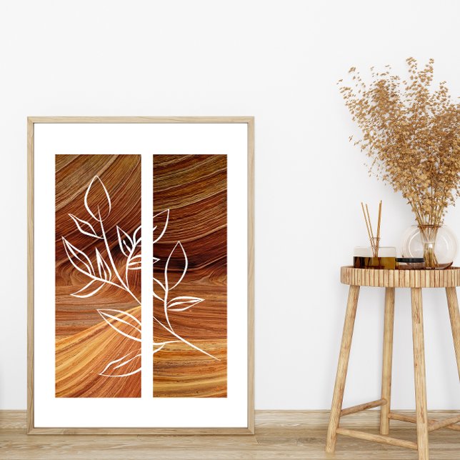 Simple Line Art Leaf Outline Rich Wood Background Poster (Creator Uploaded)