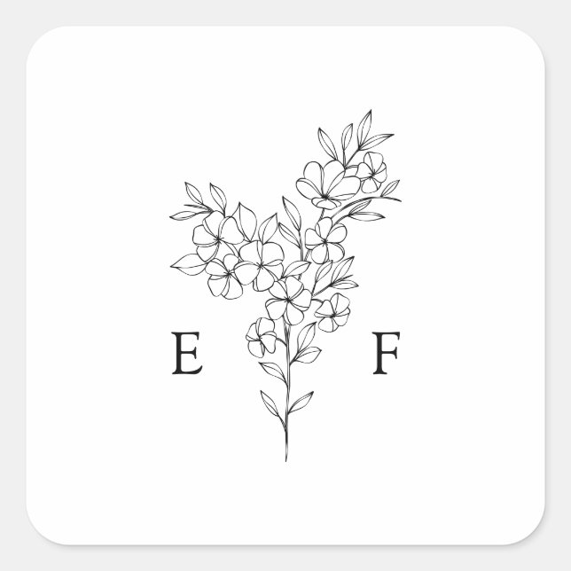 Simple Line Cherry Blossom Wreath Monogram Wedding Square Sticker (Front)