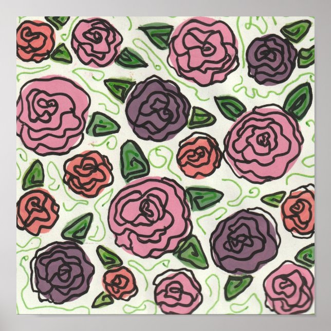 Simple Line Drawing of Red and Purple Roses Poster (Front)