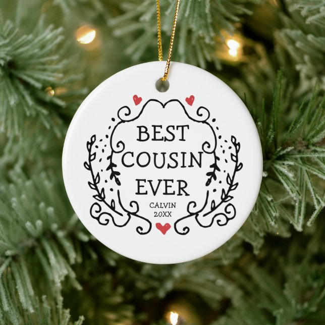 Simple Line Greenery Personalised Best Cousin Ever Ceramic Ornament (Tree)