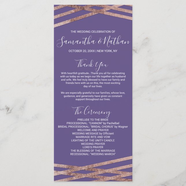 Simple Lined Rose Gold Violet Wedding Programs (Front)